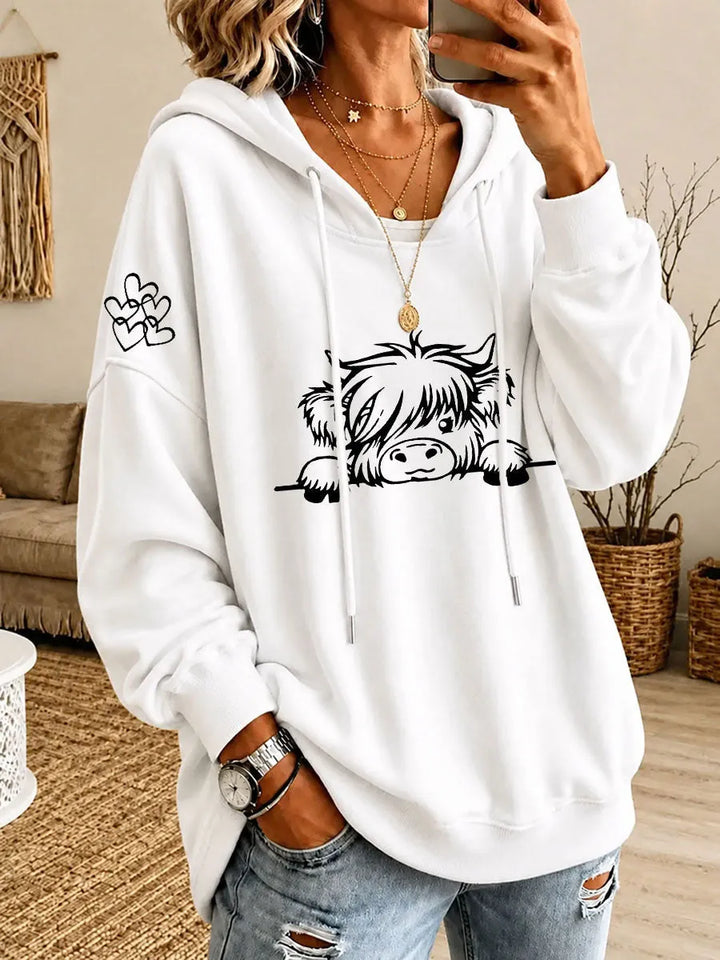 Noreli – Allover-Hochlandrinder-Print Strick-Kapuzenpullover