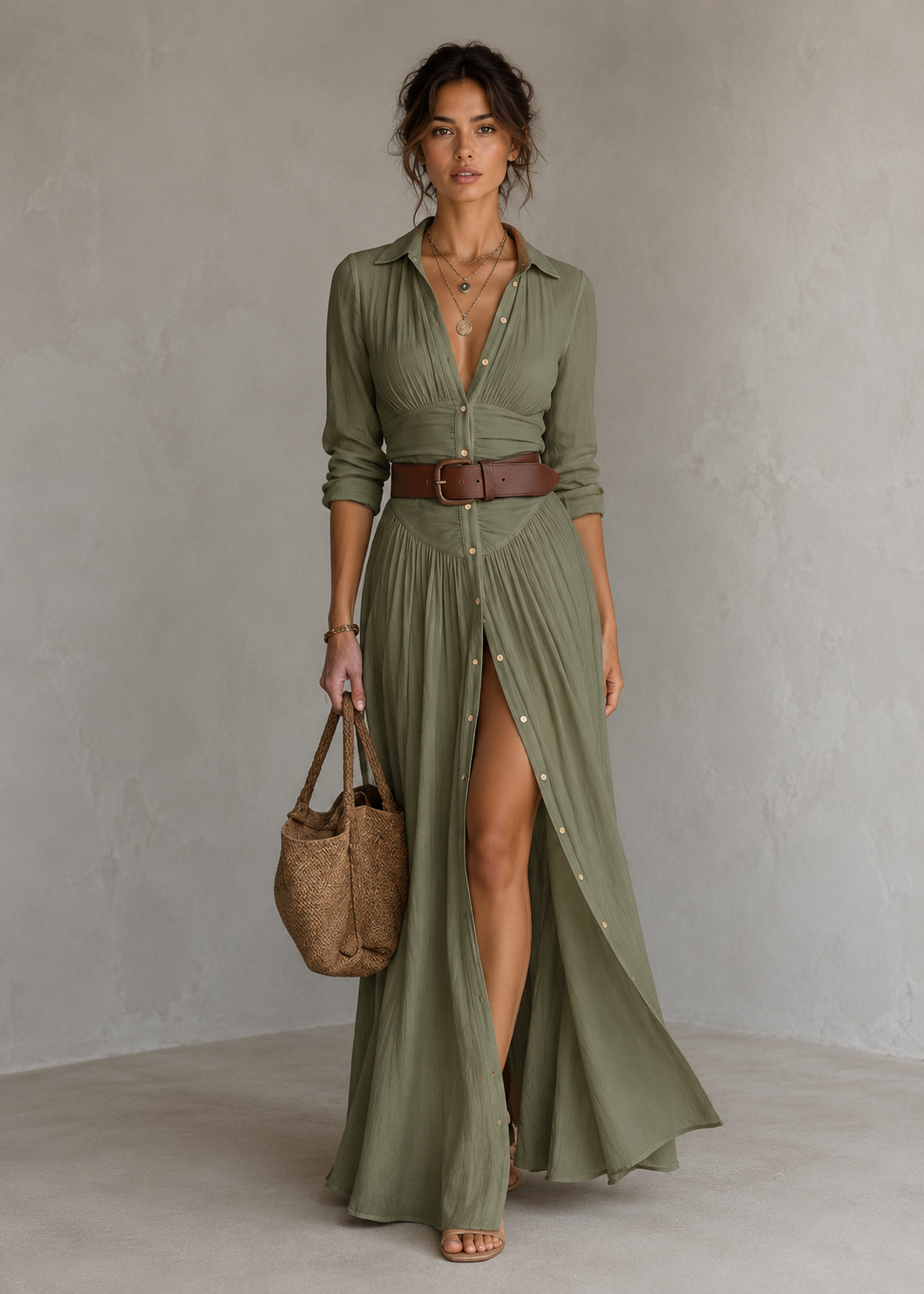 Mevara – Plissiertes Baumwoll-Leinen-Langkleid