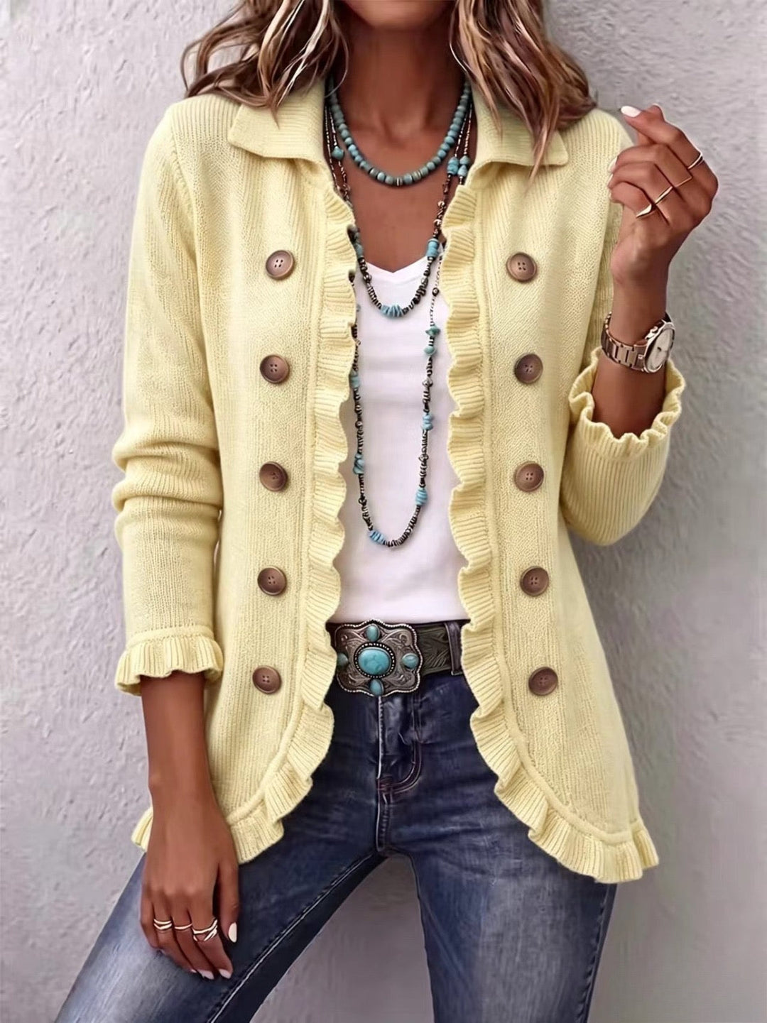 Mevara – Rüschensaum-Strickjacke
