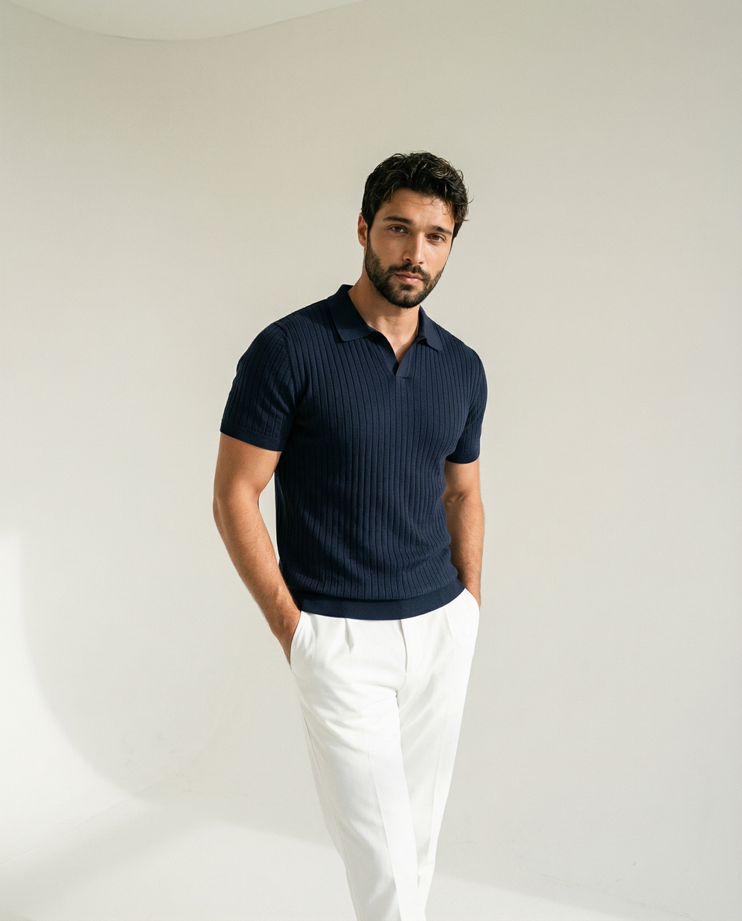 Raised Collar Knit Polo T-Shirt