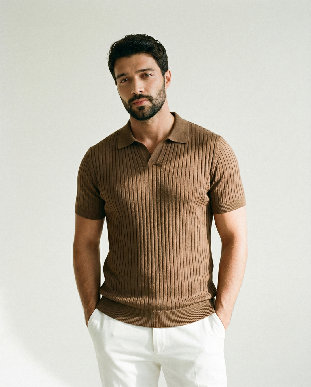 Raised Collar Knit Polo T-Shirt