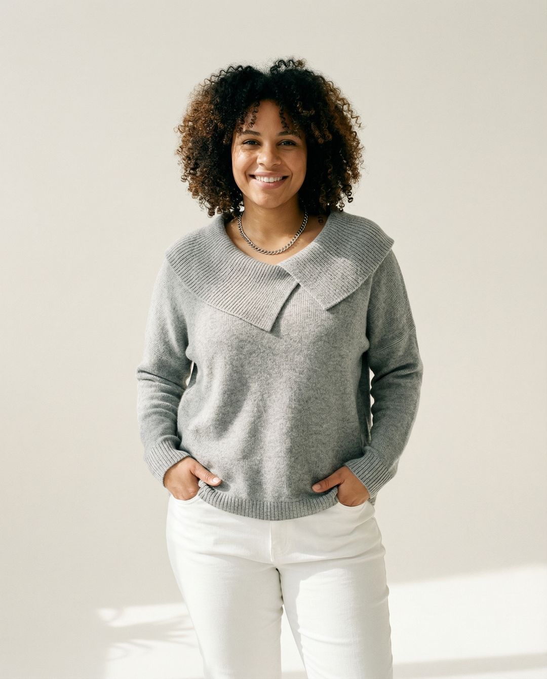 Pleated Neckline Wool-Blend Sweater
