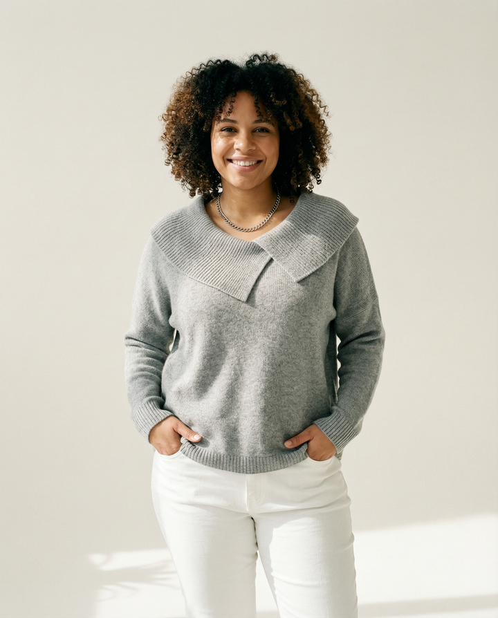 Pleated Neckline Wool-Blend Sweater