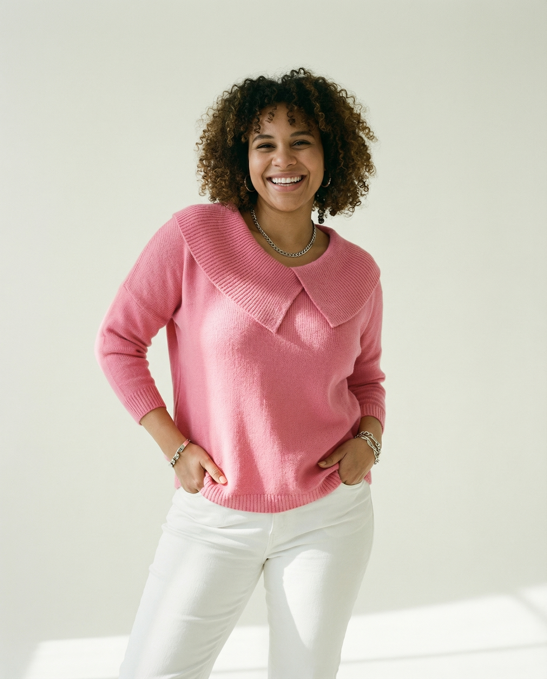 Pleated Neckline Wool-Blend Sweater