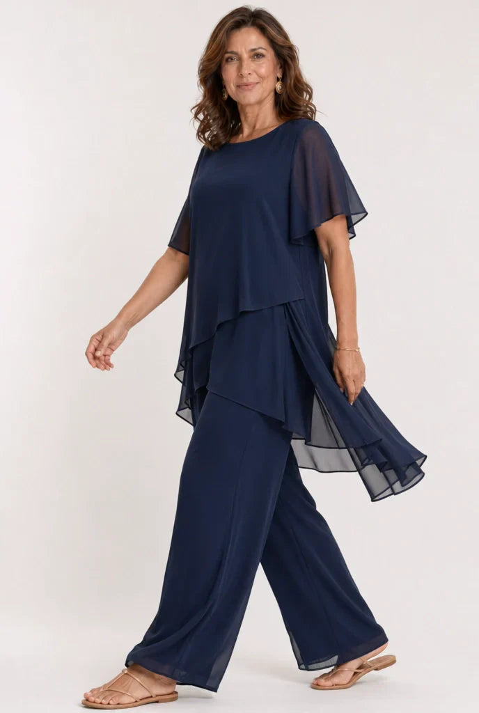 Sivela - Asymmetric Overlay Chiffon Palazzo Set