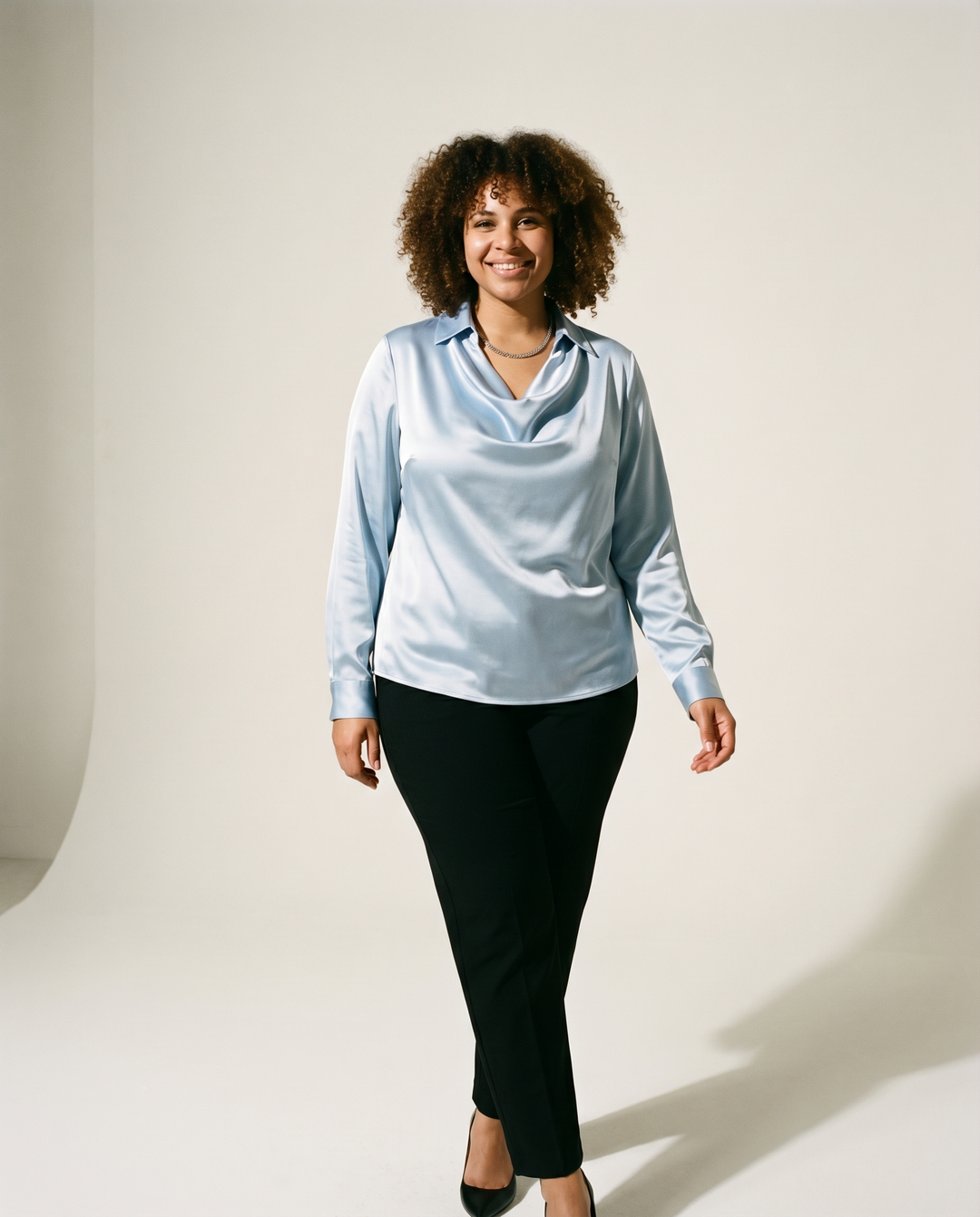 Draped-Neck Satin Blouse