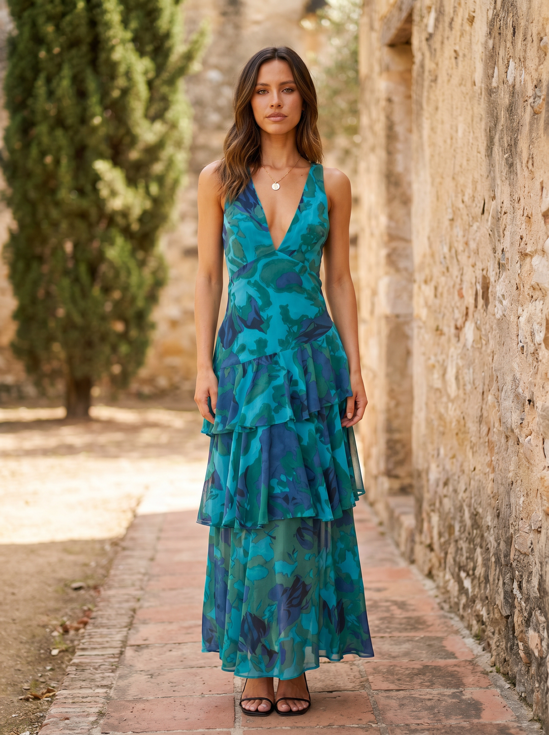 Luniva – V-Ausschnitt-Blumenmusterkleid