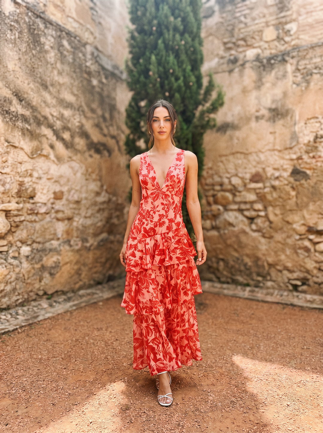 Luniva – V-Ausschnitt-Blumenmusterkleid