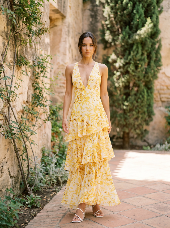 Luniva – V-Ausschnitt-Blumenmusterkleid