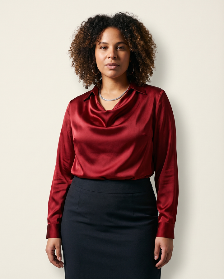 Draped-Neck Satin Blouse