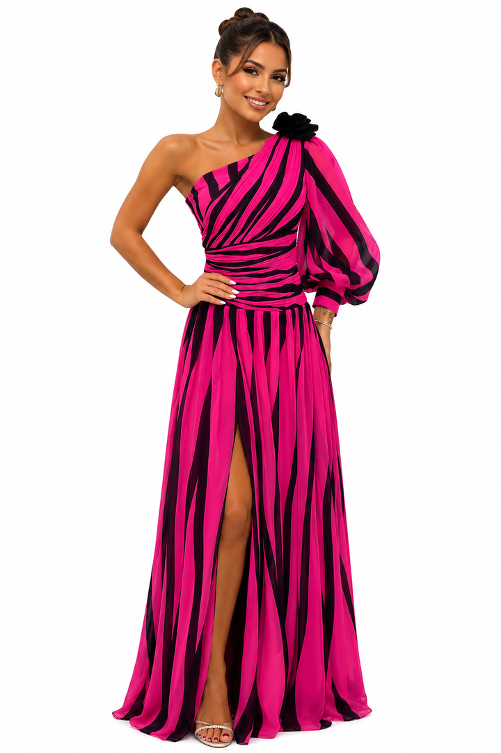 Novira – Ein-Schulter Pinselstrichmuster-Kleid