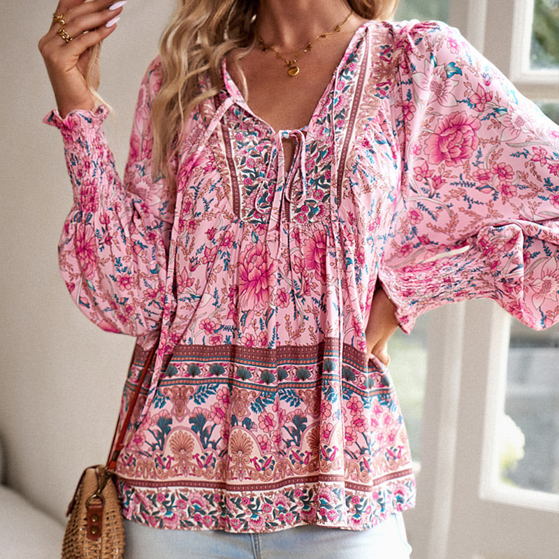 Calira – V-Ausschnitt mit Bindeband Baumwollshirt