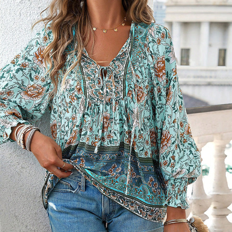 Calira – V-Ausschnitt mit Bindeband Baumwollshirt