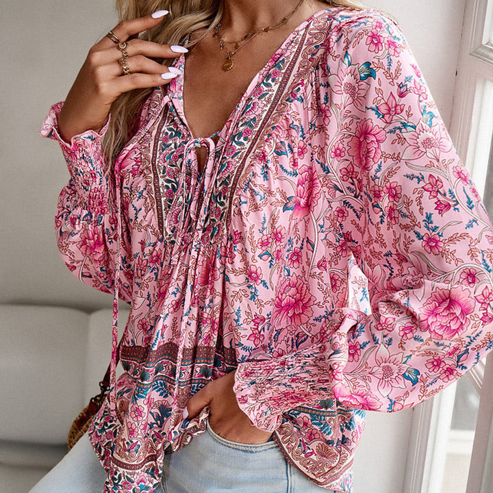 Calira – V-Ausschnitt mit Bindeband Baumwollshirt