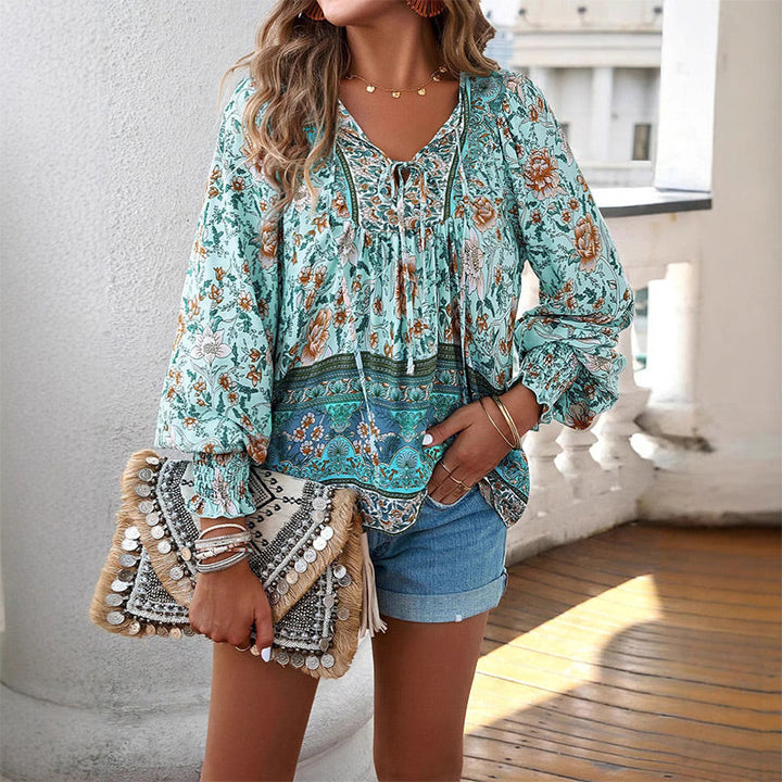 Calira – V-Ausschnitt mit Bindeband Baumwollshirt