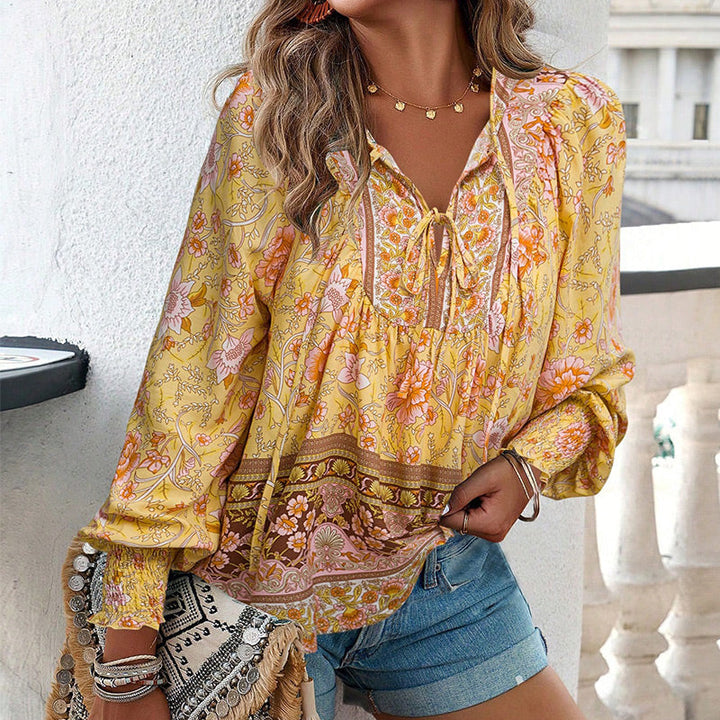 Calira – V-Ausschnitt mit Bindeband Baumwollshirt