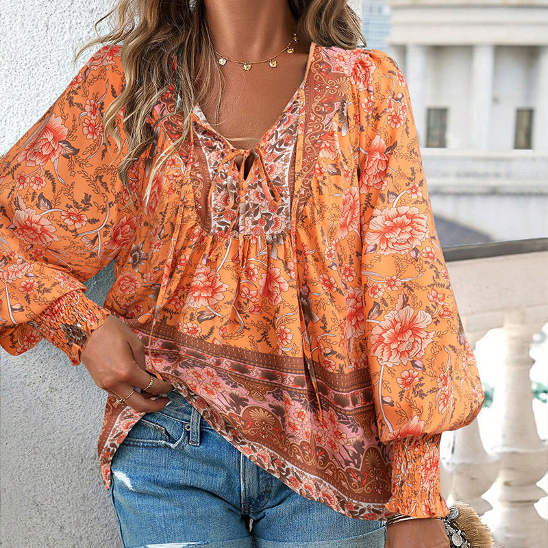 Calira – V-Ausschnitt mit Bindeband Baumwollshirt