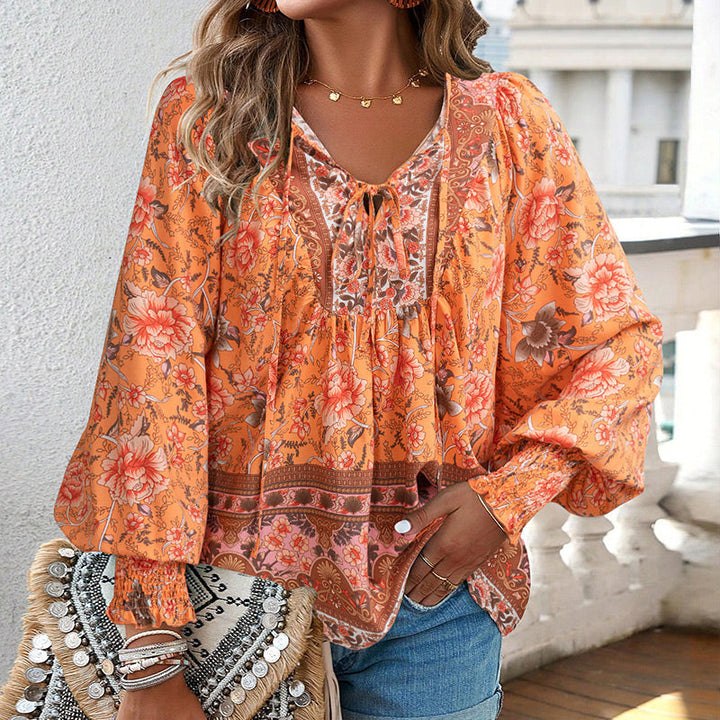 Calira – V-Ausschnitt mit Bindeband Baumwollshirt
