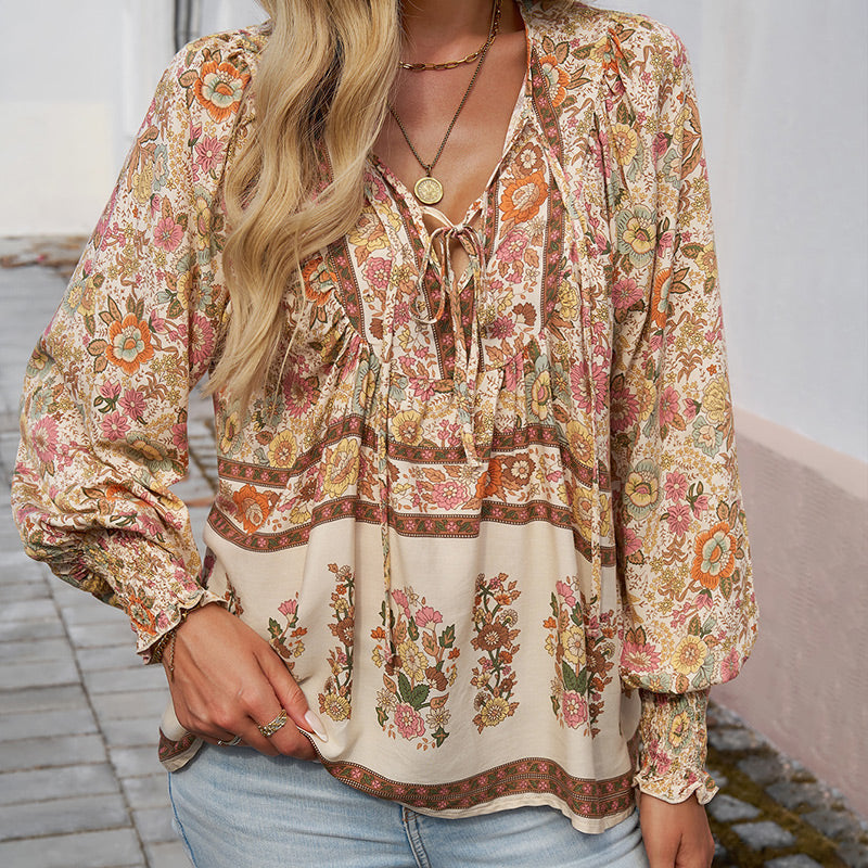 Calira – V-Ausschnitt mit Bindeband Baumwollshirt