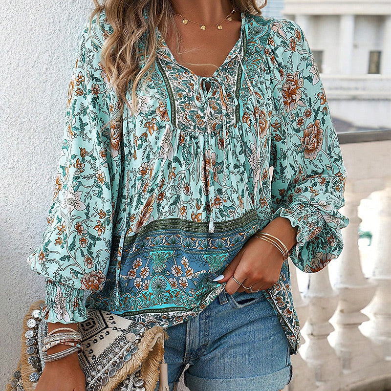 Calira – V-Ausschnitt mit Bindeband Baumwollshirt