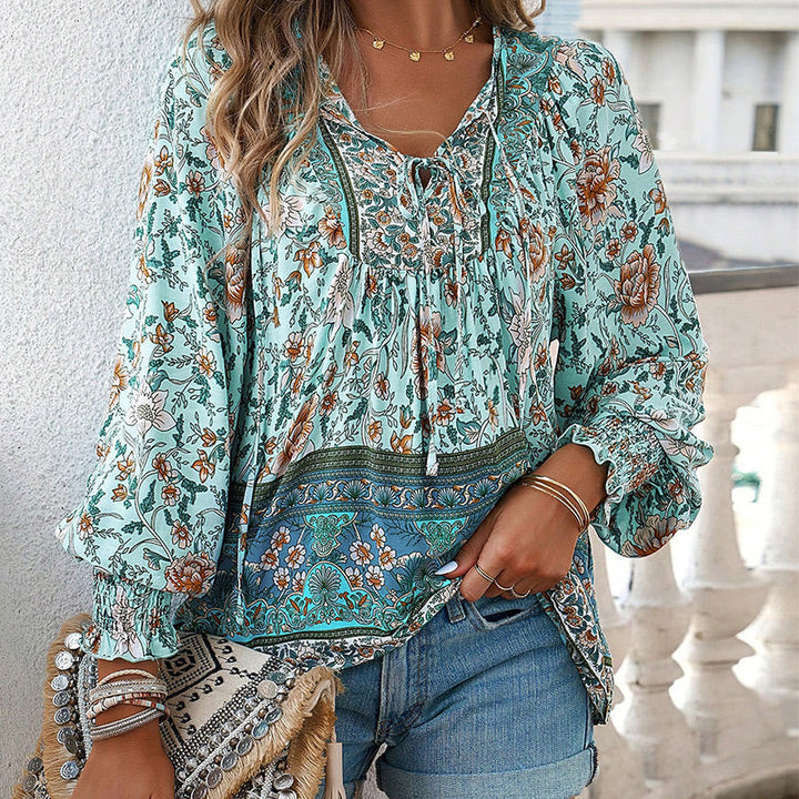 Calira – V-Ausschnitt mit Bindeband Baumwollshirt