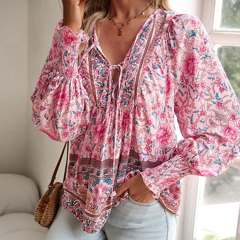Calira – V-Ausschnitt mit Bindeband Baumwollshirt