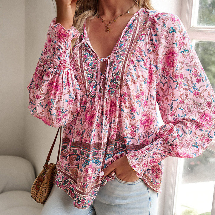 Calira – V-Ausschnitt mit Bindeband Baumwollshirt