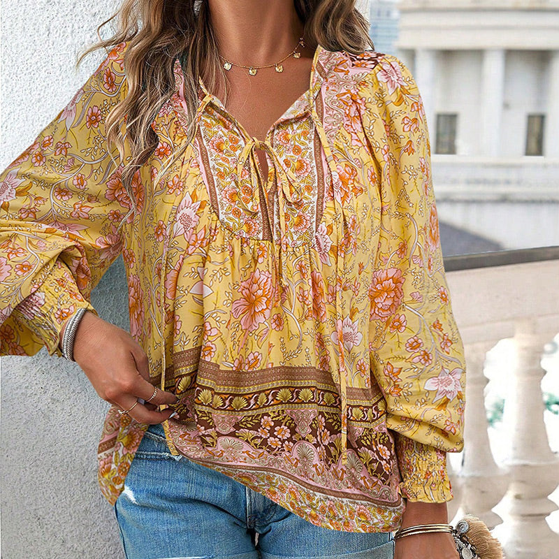 Calira – V-Ausschnitt mit Bindeband Baumwollshirt
