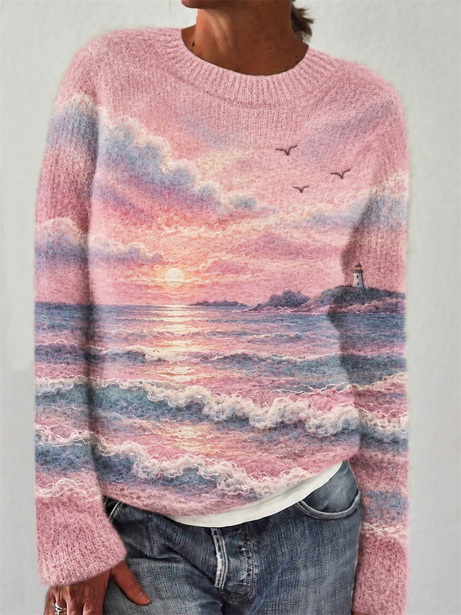 Ilyra – Meereslandschafts-Druck Baumwollmischungs-Pullover