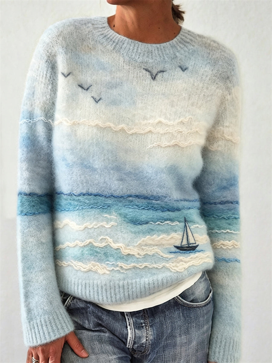 Velara – Meereslandschaft-Bootsdruck Baumwollstrickpullover