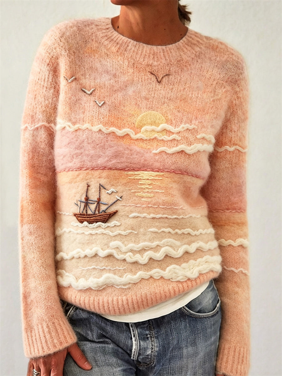 Mevara – Meereslandschaftsdruck-Baumwollstrickpullover