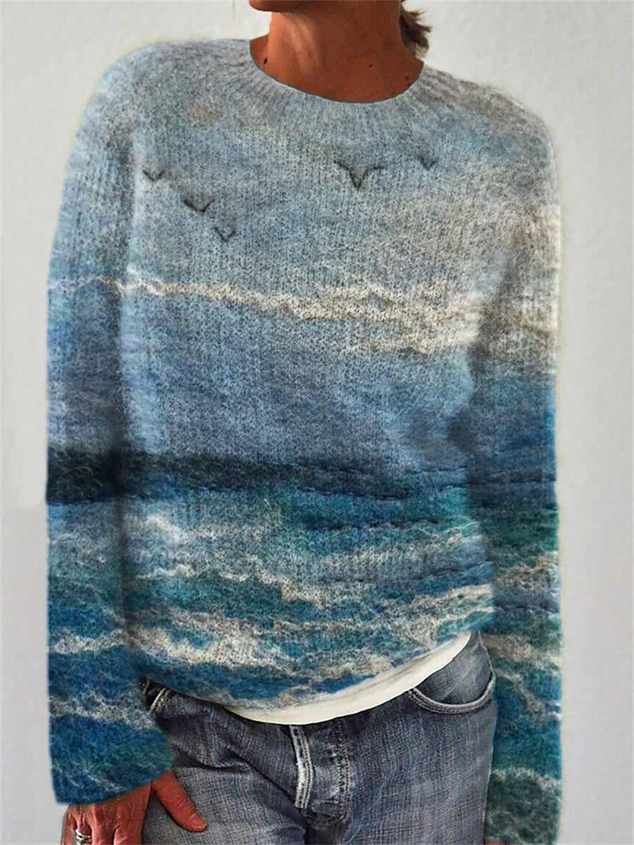 Mireva – Meereslandschaftsdruck Baumwollmischung Strickpullover